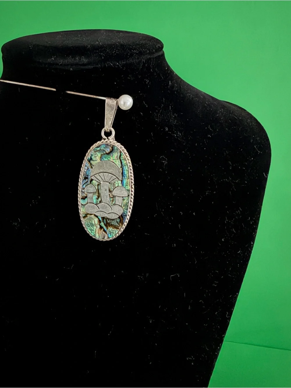 Taxco Iridescent Green and Blue Abalone Mushroom Pendant Necklace